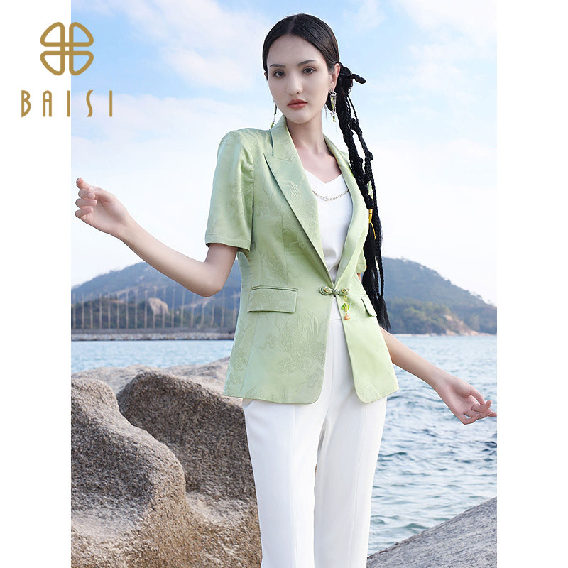 2025夏季新品百丝中国风暗花盘扣西装新中式时尚感收腰短袖上衣女