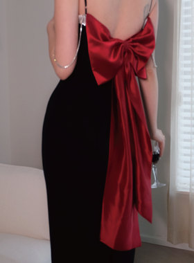 sibleu法式小众设计蝴蝶结水钻拼接优雅约会修身连衣裙