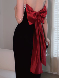 sibleu法式 连衣裙 小众设计蝴蝶结水钻拼接优雅约会修身