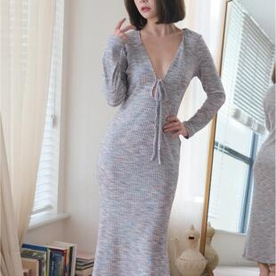 sibleu法式 小众设计两面穿系带针织修身 连衣裙 清仓