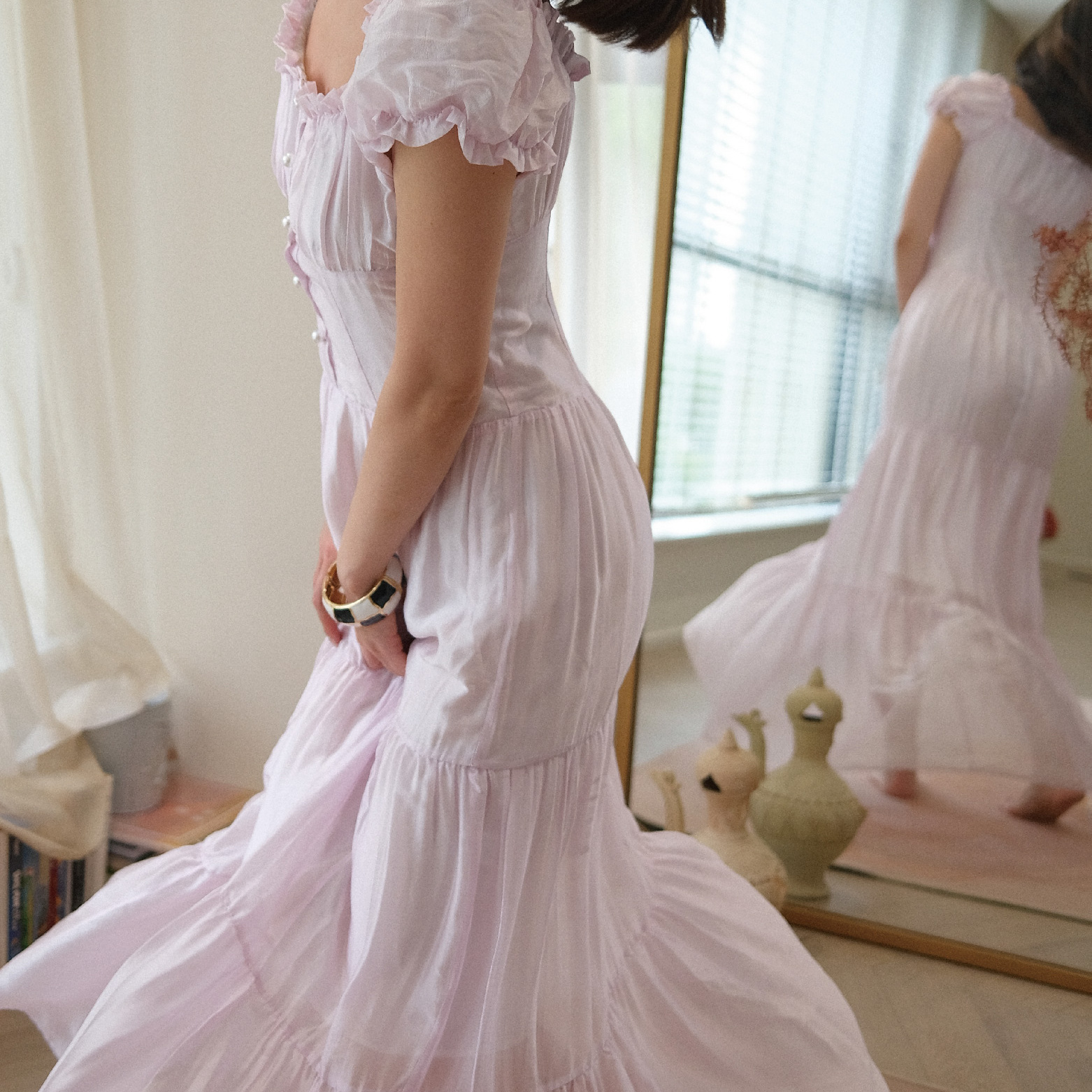 sibleu法式原创设计泡泡袖褶皱甜美大裙摆醋酸优雅度假约会连衣裙