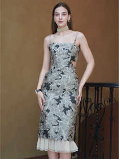 露腰碎花拼接网纱性感优雅 设计新中式 sibleu法式 小众连衣裙女新款