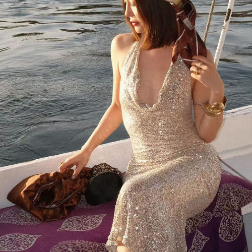 sibleu2025法式原创设计爆闪香槟色约会奢华挂脖聚会亮片连衣裙