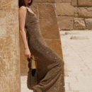 sibleu2025原创设计露背荡领金色烫钻系带爆闪约会连衣裙