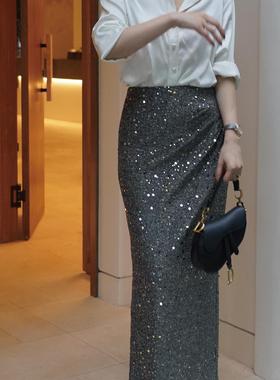 sibleu小众设计氛围感时髦后开叉blingbling高级感亮片半身裙