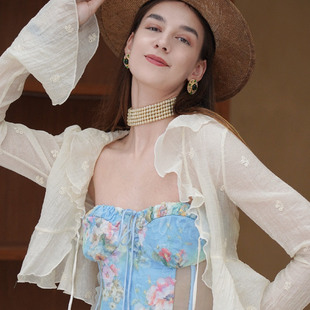 上衣女 纯欲刺绣温柔奶杏色系带防晒开衫 sibleu法式 小众设计喇叭袖