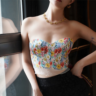 sibleu法式 小众独家设计碎花少女感拼接蕾丝无肩带抹胸胸衣