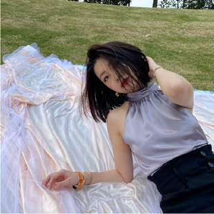 sibleu法式 上衣 醋酸露背飘带超百搭名媛无袖