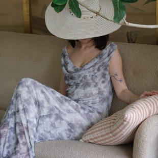 sibleu法式 原创设计度假晕染网纱荡领一字肩弹力优雅高级感连衣裙