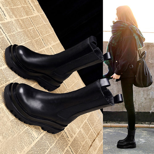 真皮英伦风中筒厚底靴机车靴加绒