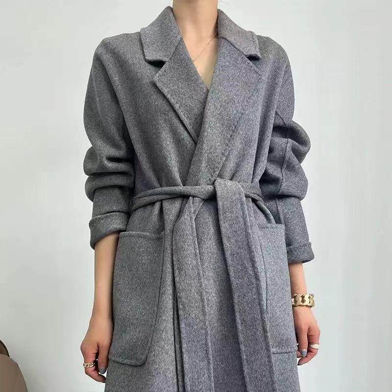 024秋冬经典睡袍款女气质澳毛羊绒大衣100羊毛大衣系带款毛呢外套