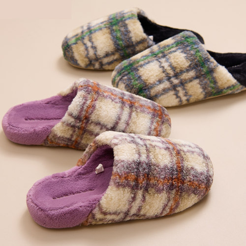 复古格子高级感棉拖鞋女秋冬季毛绒保暖厚底外穿时尚居家室内防滑