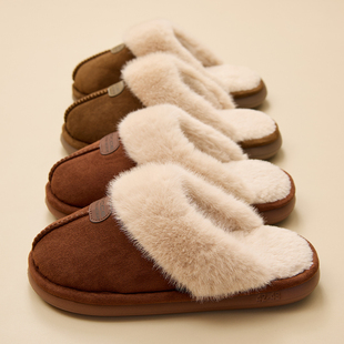 女款 毛绒保暖秋冬季 情侣家居室内厚底防滑软底 冬天包头棉拖鞋 男士