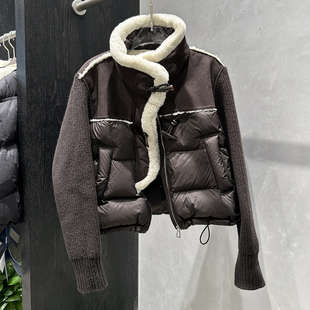 90白鸭绒针织袖拼接立领皮毛一体短款羽绒服女2025秋冬新时尚外套