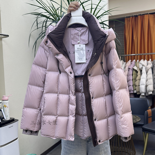 95白鸭绒中长款撞色连帽羽绒服女2025冬季新款韩版宽松面包服外套