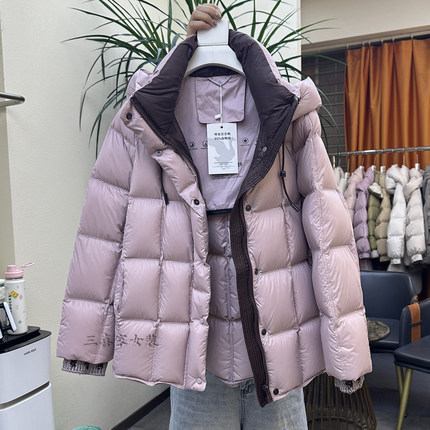 95白鸭绒中长款撞色连帽羽绒服女2026冬季新款韩版宽松面包服外套