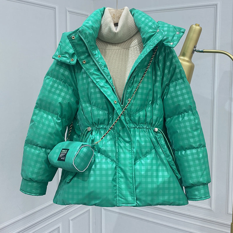 绿色中长羽绒服女韩版加厚格子