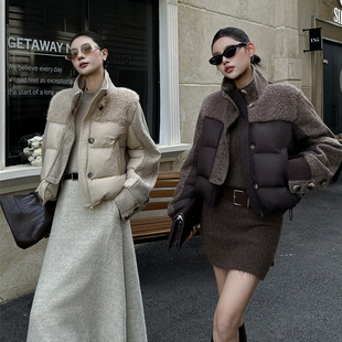 时尚 新款 小个子外套潮 羽绒服女2025冬季 90%白鸭绒拼接毛立领短款