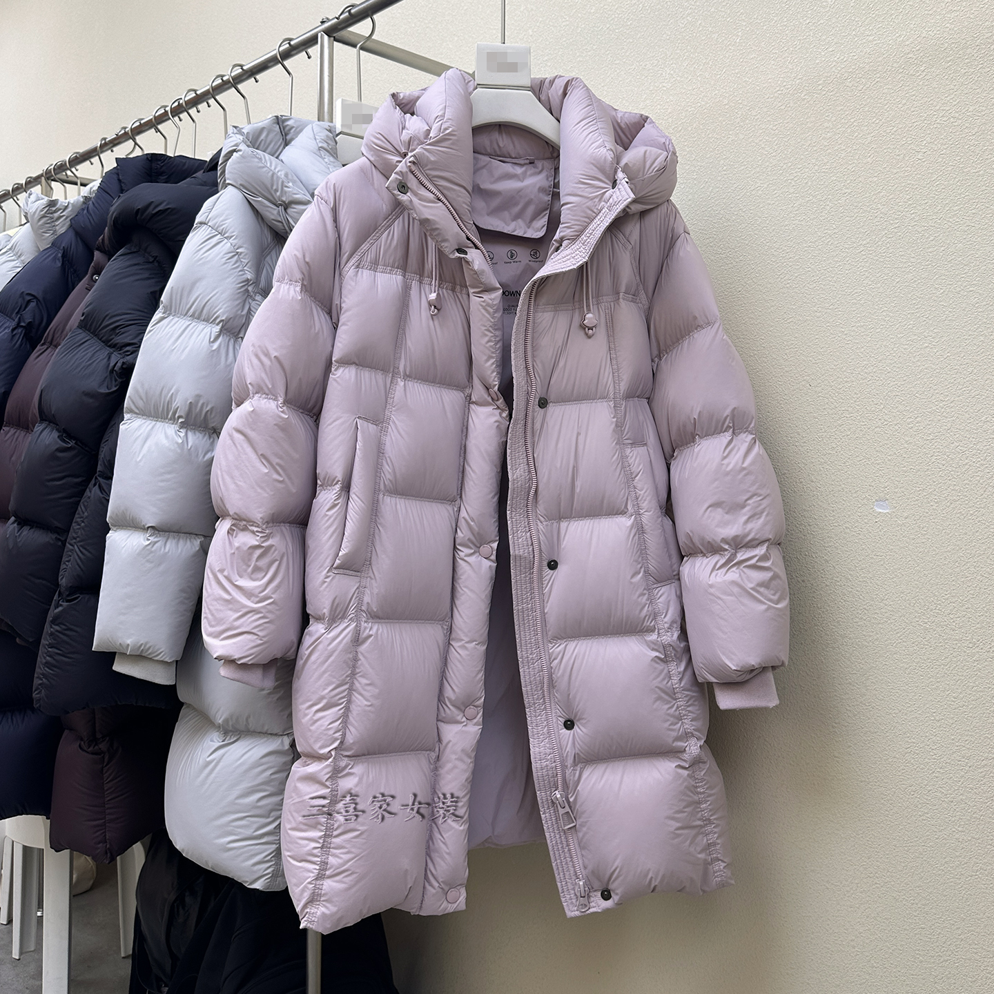 95白鸭绒连帽加厚中长款羽绒服女