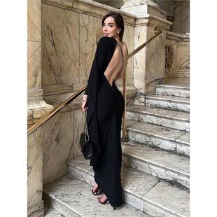 气质黑色单肩大摆袖 深V低胸露背礼服名媛派对生日连衣裙
