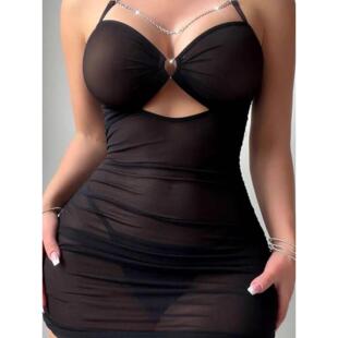 see through neck Sexy tight mesh hanging nightgown lingerie