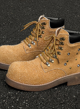 新款男女同款机车鞋厚底增高休闲百搭情侣靴黄色