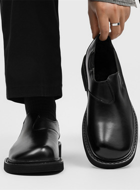 方头黑色皮鞋男款一脚蹬懒人商务正装英伦风复古休闲德比