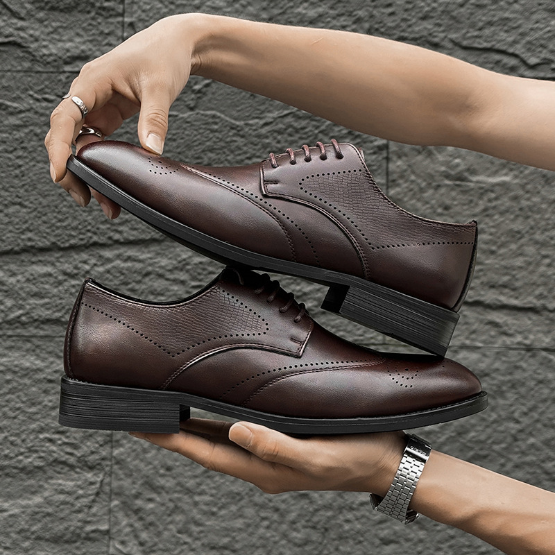 男款夏季新款尖头少年英伦风配西装商务复古百搭鞋棕色