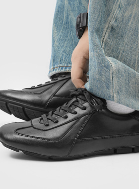 男鞋夏季透气休闲鞋运动皮鞋德比鞋男通勤潮款平底黑色