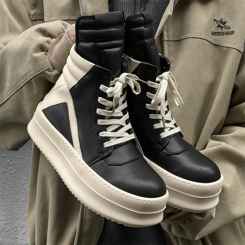 秋冬新款欧美潮流短靴高帮倒三角黑白个性厚底加厚增高男鞋潮