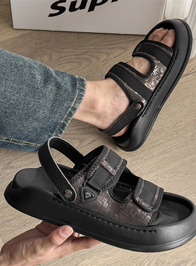 夏季户外休闲涉水速干凉鞋男外穿露趾两用厚底沙滩鞋黑色