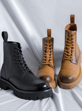 中帮马丁靴男士春秋新款鞋厚底工装靴潮流高帮鞋子男