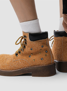 户外马丁靴高级感厚底增高大头靴子机车情侣同款靴黄色