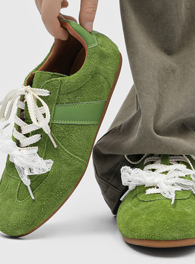 系带小从时尚休闲复古德训鞋男夏季新款软底鞋绿色