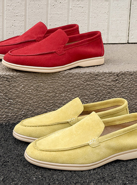 新款乐福鞋豆豆鞋休闲透气百搭男鞋柠檬黄 红色