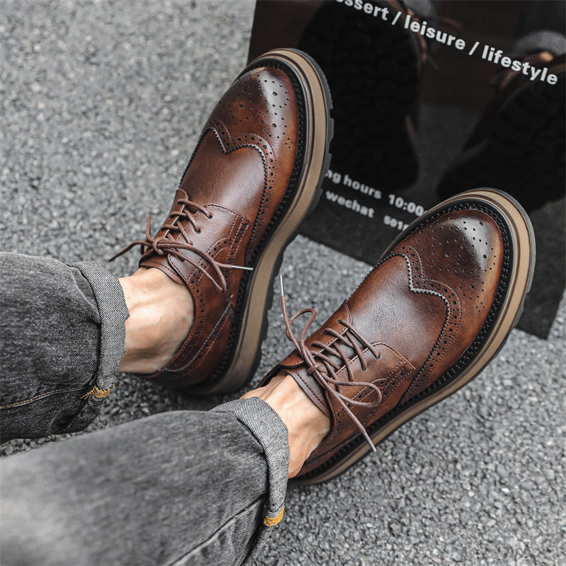 男士商务复古布洛克英伦结婚夏季透气棕色系带西装皮鞋