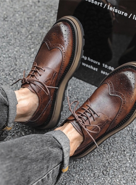 男士商务复古布洛克英伦结婚夏季透气棕色系带西装皮鞋