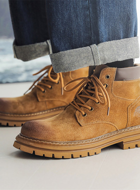 马丁靴男款低帮新款工装靴厚底增高沙漠靴百搭靴黄色