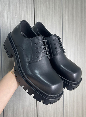 小众翘头鞋男暗黑系方头厚底增高德比鞋男英伦风男鞋黑色