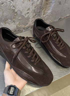 欧美拼接新款男鞋低帮日常系带运动休闲鞋轻量赤足鞋棕色