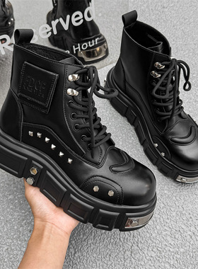 夏季新款金属风小从潮款马丁靴厚底增高休闲百搭靴黑色