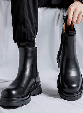 网红马丁靴男英伦风中帮圆头厚底切尔西烟筒短靴