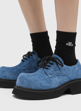 英伦风大头皮鞋厚底增高德比鞋长毛黑色 棕色 蓝色 绿色