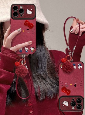 2025猫咪蝴蝶结适用苹果17新年手机壳iphone15promax毛绒铃铛挂绳