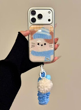 2025可爱格纹蓝色帽子围巾小猫适用ihone17promax苹果16p手机壳15
