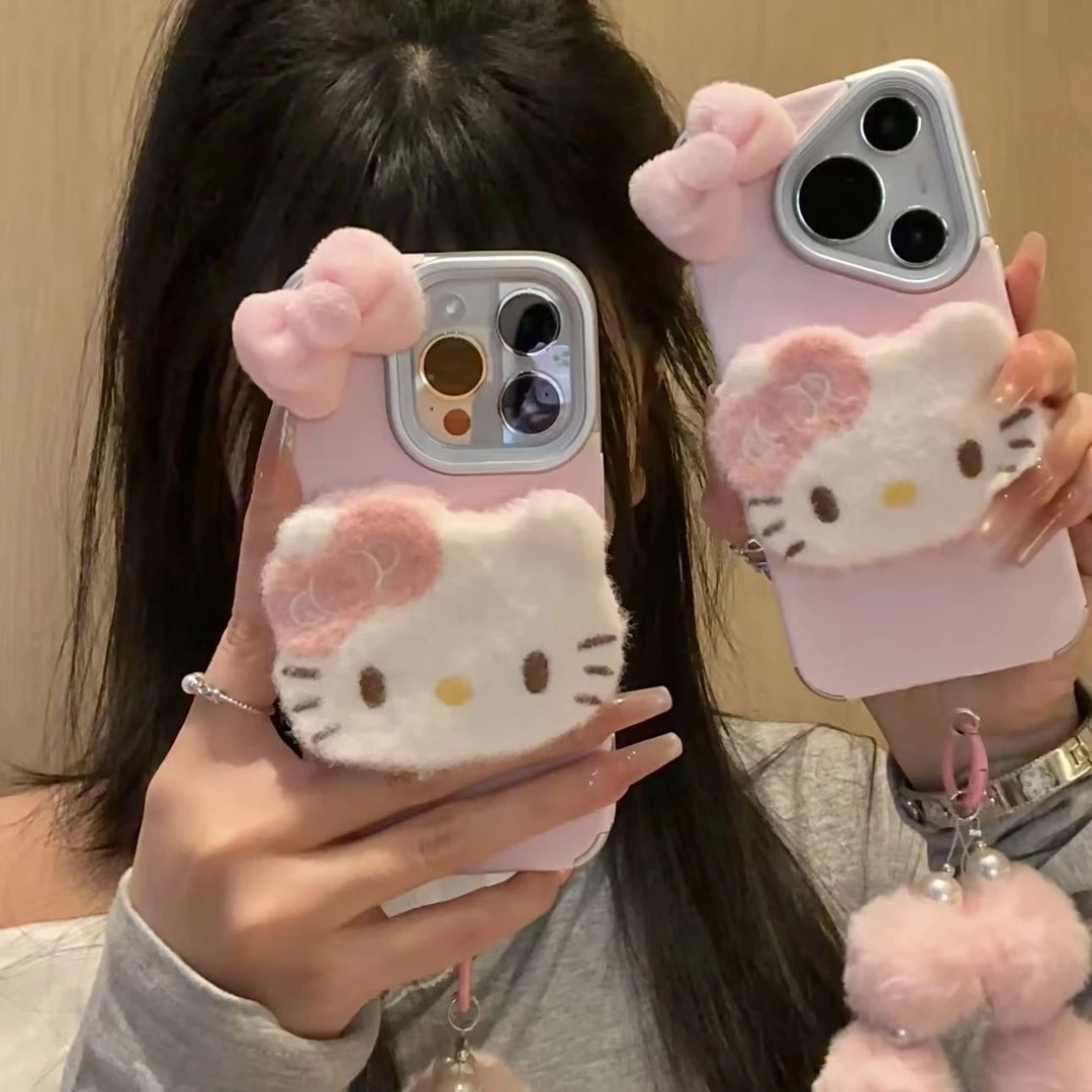 2025毛绒球挂绳kt雪山纹适用苹果17/16手机壳IP15Pro甜美立体14