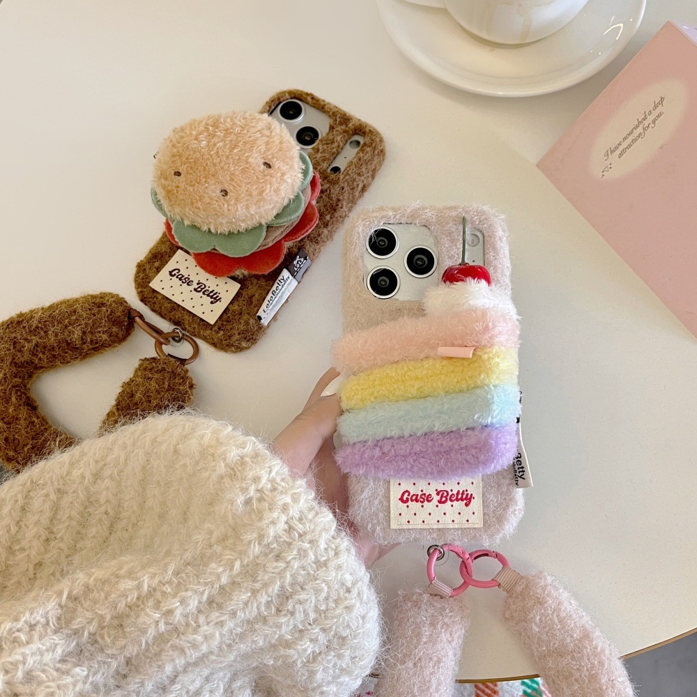 2025可爱蛋糕毛绒手机壳适用苹果17/16PROMAX卡通纯色iPhone15/14