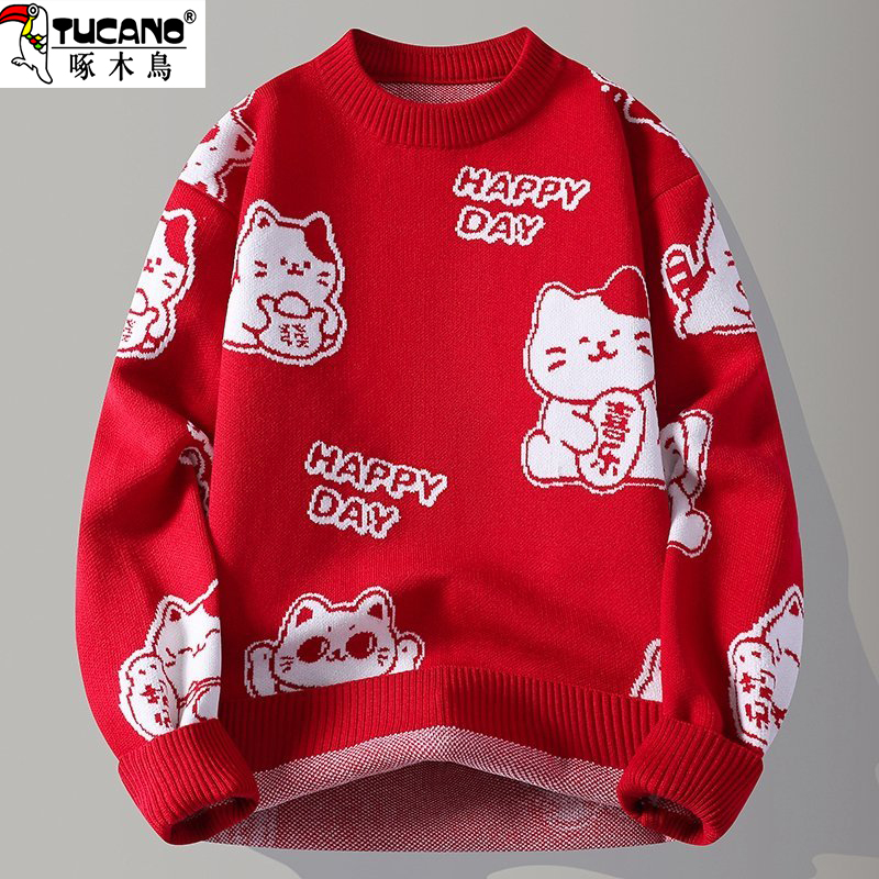 啄木鸟红色招财猫卡通毛衣男士本命年喜庆圆领针织衫潮牌打底衫潮