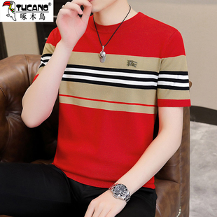 啄木鸟条纹圆领短袖毛衣男士针织衫冬季红色撞色t恤打底衫上衣潮