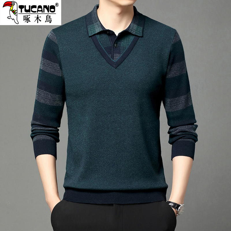 啄木鸟假两件毛衣冬季男士衬衫领针织衫加绒加厚打底衫爸爸装毛衫